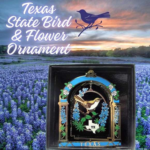 Texas State Bird Flower Ornament Colored Brass Bluebonnets Mockingbird - Picture 3 of 6